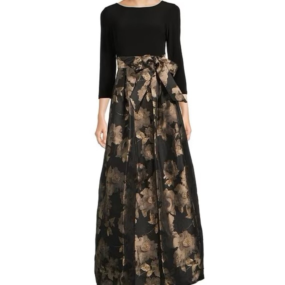 Jessica Howard Floral Print Knit Jersey Boat Neck 3/4 Sleeve Metallic Jacquard
